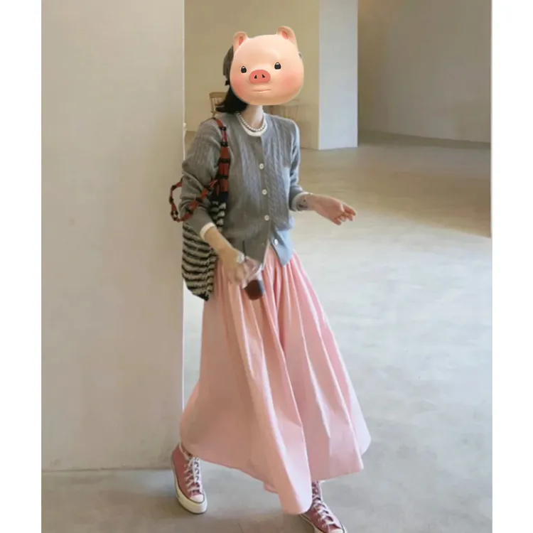 巨好看的韩系早秋ootd穿搭一整套灰色毛衣开衫灰色半身裙两件套装