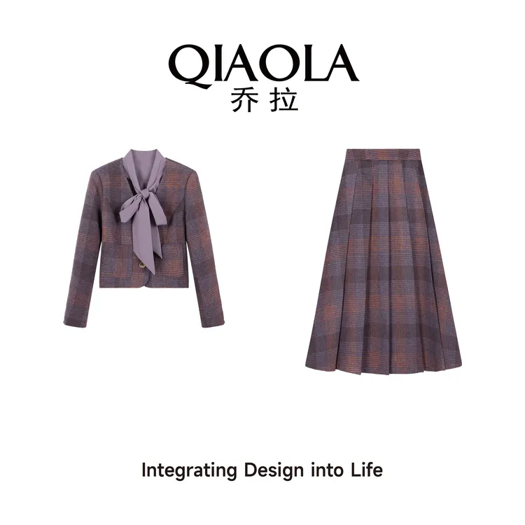 QIAOLA/乔拉【巴黎画廊】秋冬毛呢百褶紫色蝴蝶结气质时尚套装预售