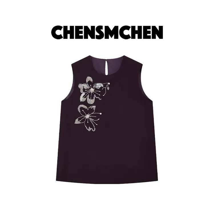 CHENSMCHEN绵羊毛圆领无袖背心女复古优雅宽松显瘦上衣CSEJ6644YW
