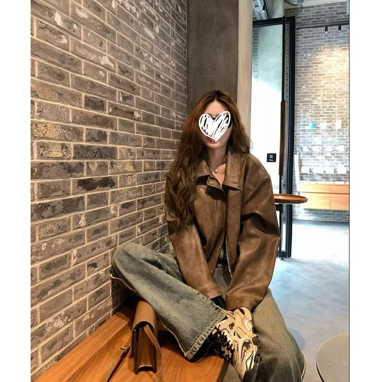 2025春秋新款爆款重工做旧翻领美式甜酷复古夹克皮衣外套女