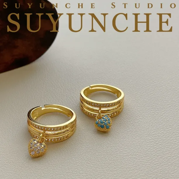 钛钢合成锆石戒指 Suyunche2741轻奢吊坠爱心活口戒指两色可选