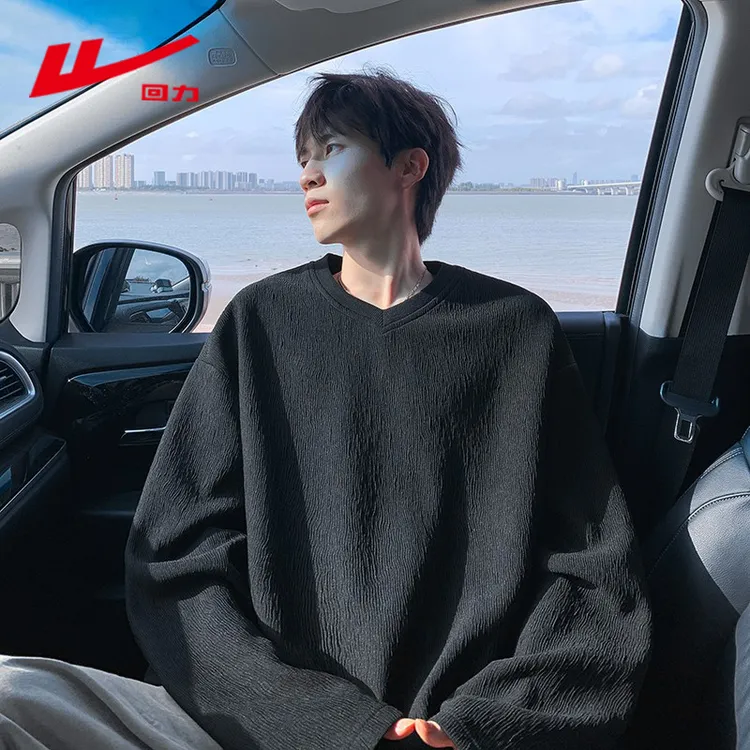 回力春秋季复古肌理感长袖t恤男士宽松休闲百搭v领痞帅打底上衣服