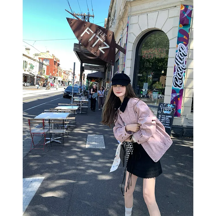 秋季新款通勤百搭 巴恩风两色拼接领外套女宽松廓形口袋显瘦上衣