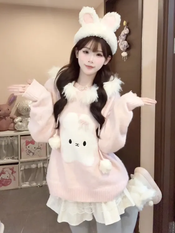 布蕾兔可爱少女感毛领连帽毛衣女学生秋冬季宽松软糯慵懒风针织衫