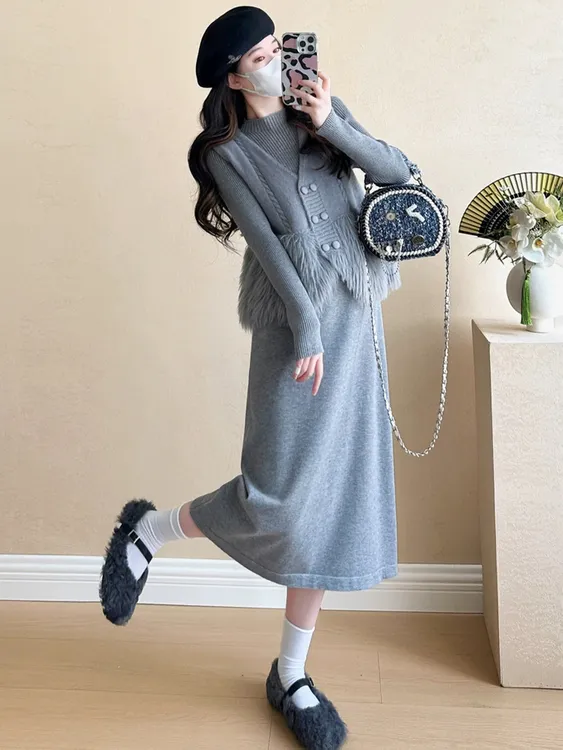 1687两件套马甲连衣裙显瘦气质长毛马甲+内搭连衣裙时尚