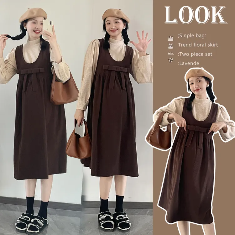 2024新款加绒打底衫+蝴蝶结灯芯绒孕妇裙背心裙两件套套装秋冬