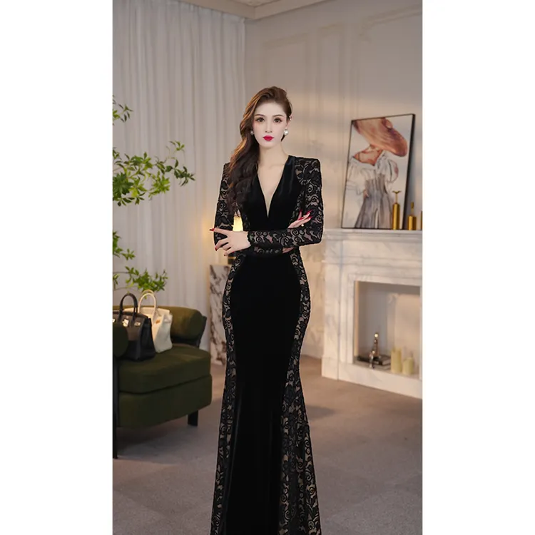 尤克菲儿 原创高定轻奢丝绒蕾丝裙气质优雅修身显瘦高腰连衣裙