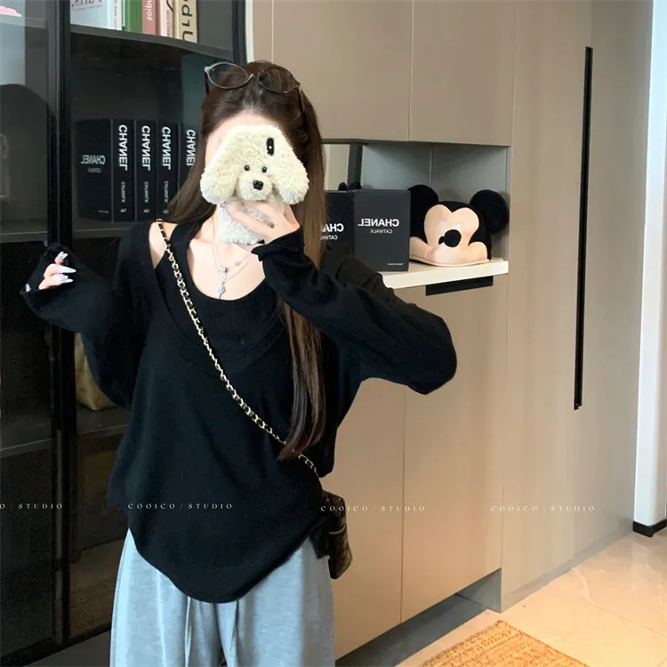 【叠穿搭档】大码女装春秋胖mm休闲百搭背心吊带+大U领长袖t恤上衣