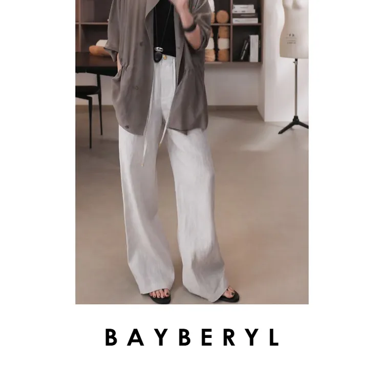 停售-BAYBERYL老贝诺曼底银葱透气抽绳百搭直筒休闲裤XXK5C2404-