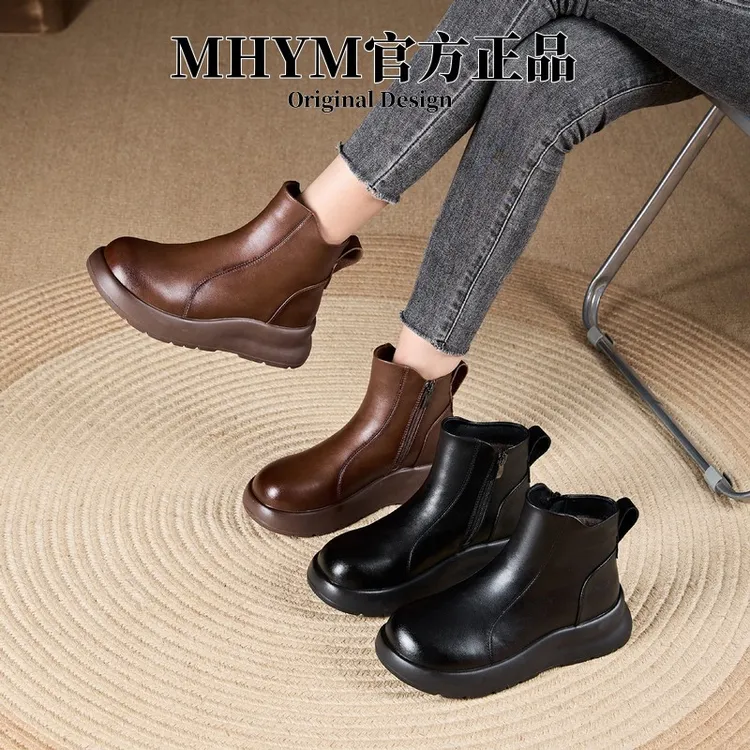 厚底真皮休闲短靴女24年秋冬新款复古时尚百搭马丁靴切尔西靴711