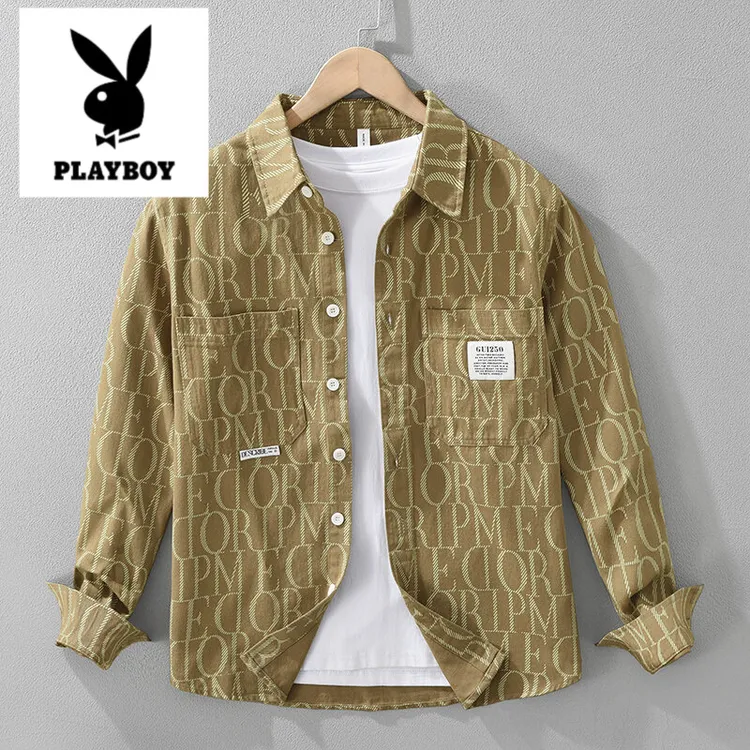 PLAYBOY花花公子春秋时尚休闲潮流印花长袖衬衫纯棉通用款极简风