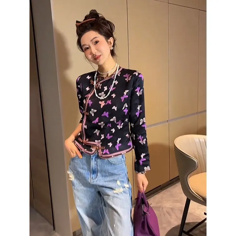 新中式国风蝴蝶印花长袖衬衫女装秋季新款高级感显瘦百搭减龄上衣