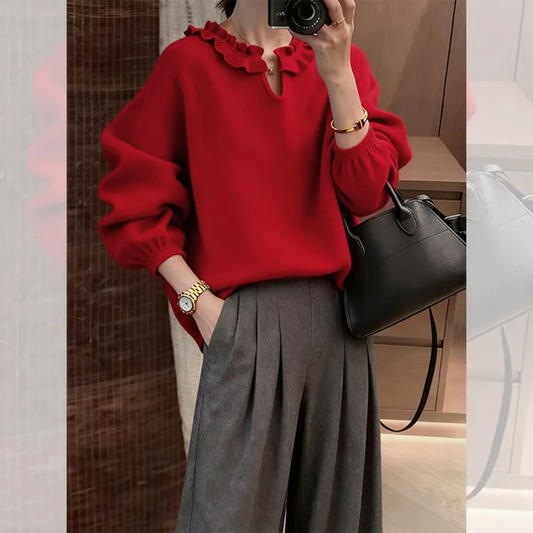 别致独特漂亮红色花边小衫泡泡袖毛衣女装秋冬针织衫洋气高贵上衣