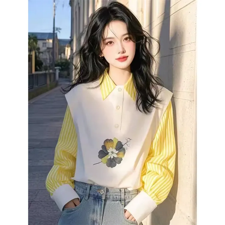 黄色条纹拼接印花设计感长袖衬衫女春秋高级感独特超好看百搭上衣
