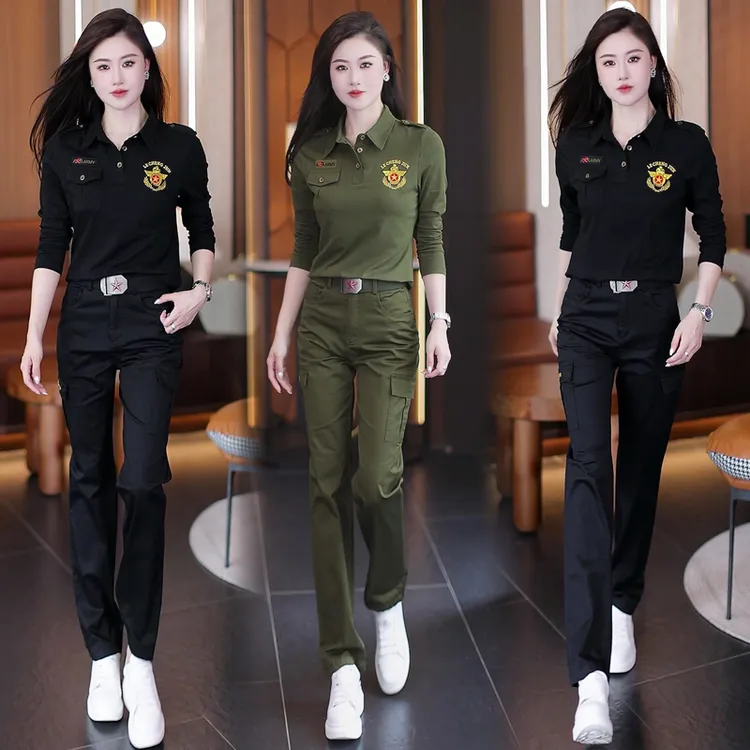 新款军旅风长袖套装修身显瘦直筒裤女工装烟管裤高腰百搭休闲装