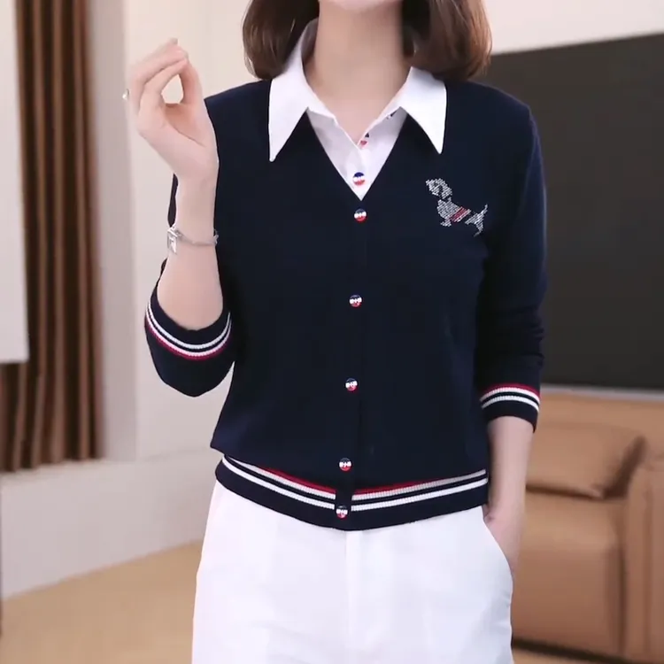 轻奢风秋季时尚设计感假两件拼色翻领显瘦针织开衫女洋气小众上衣