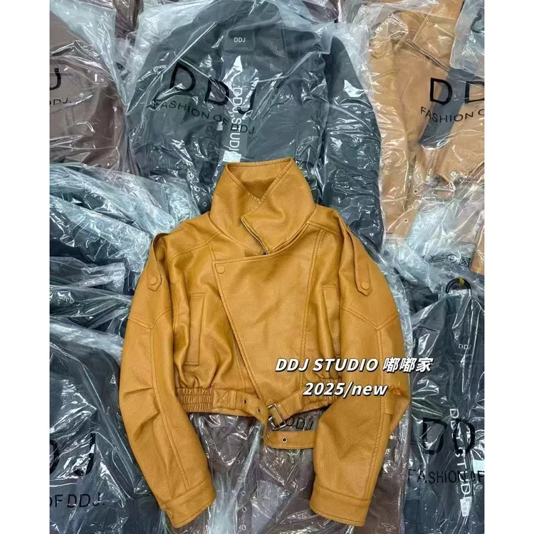 深圳南油高级气质小众设计感超软皮短款机车皮衣外套羽绒款