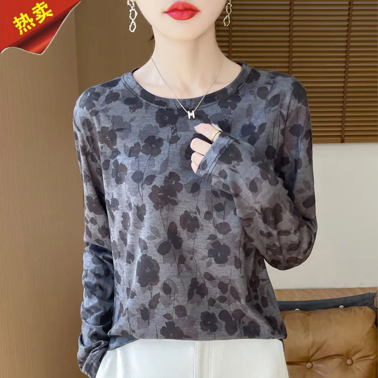 哥弟阿玛施正品秋夏季新款女装针织衫时尚感印花百搭长袖上衣圆领