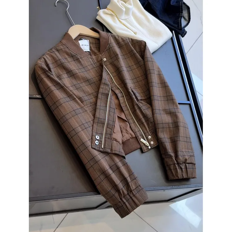 针织球领微落肩小廓形短款色织千鸟格夹克外套