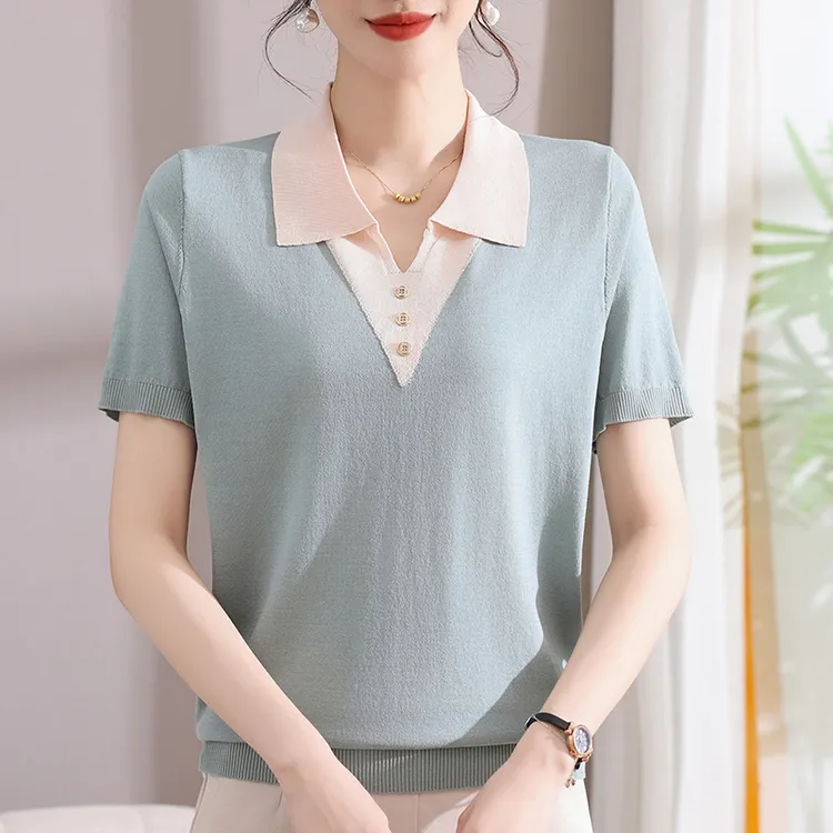时尚妈妈装夏季翻领短袖T恤洋气冰丝针织小衫气质中老年女装薄款