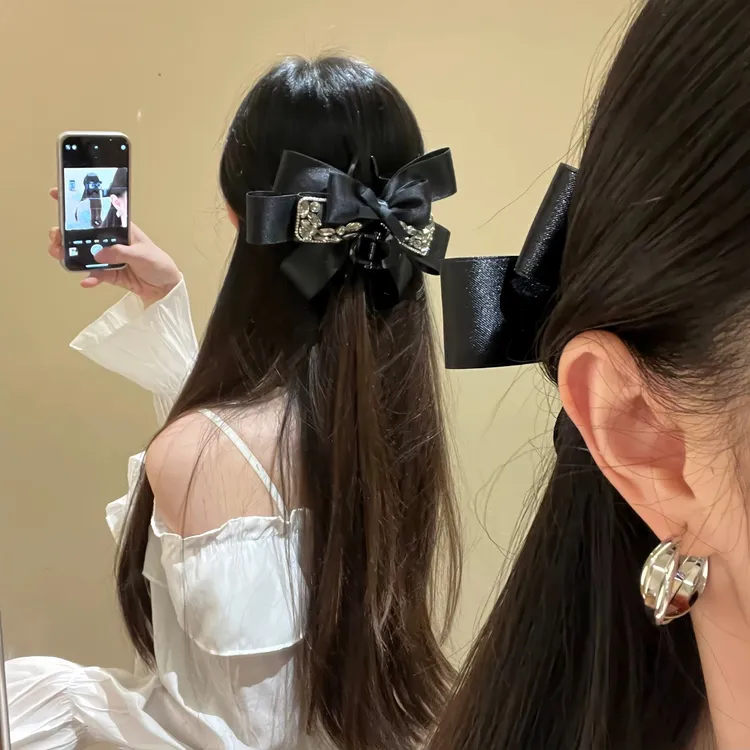 法式千金风黑色蝴蝶结闪锆抓夹发夹女气质优雅鲨鱼夹夹子头饰发饰