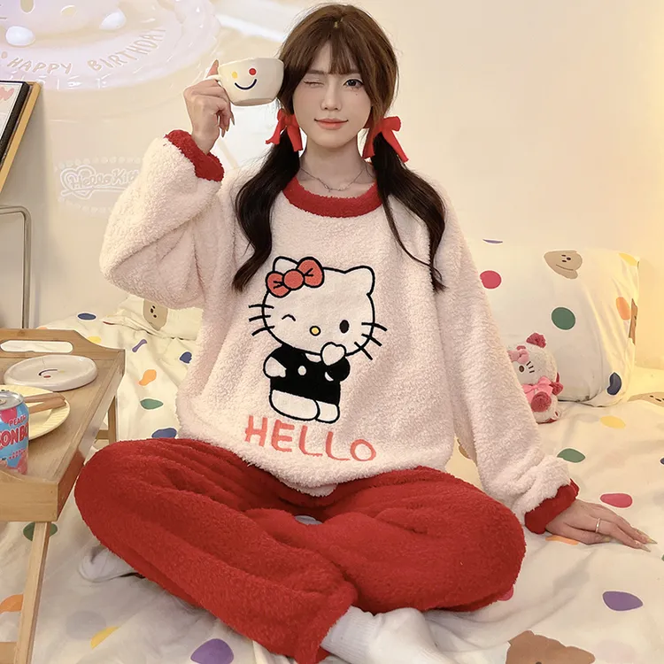 半边绒睡衣套装女生秋冬季2025新款家居服甜美可爱保暖卡通红白猫