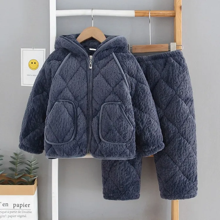 儿童睡衣男童女童冬季加厚款珊瑚绒夹棉连帽法兰绒拉链家居服套装