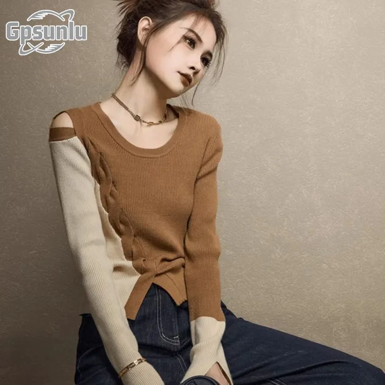 gpsunlu撞色露单肩毛衣打底衫女秋季设计感开叉咖色针织衫上衣