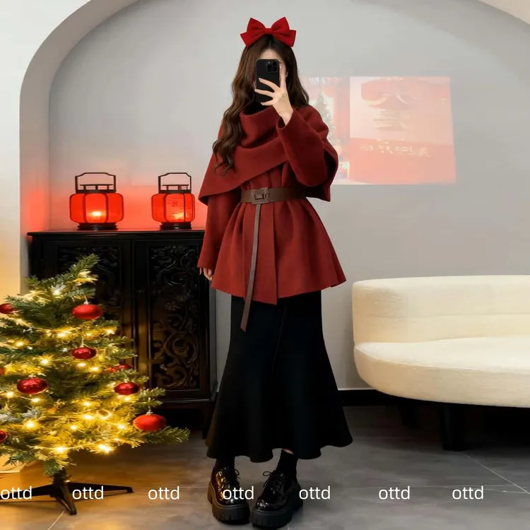 冬季搭配一整套女装韩系宽松酒红围巾领腰带中长款外套显瘦半身裙