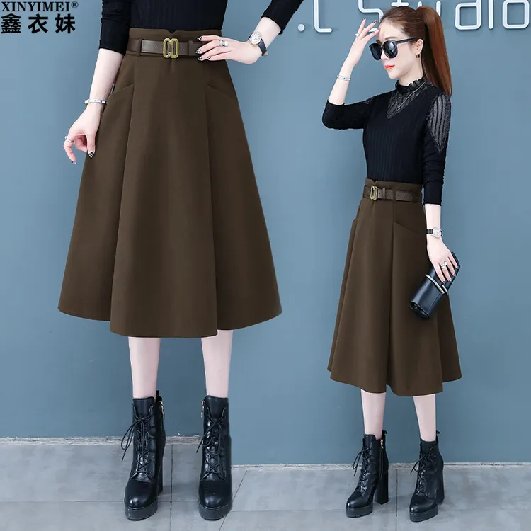 毛呢半身裙女秋冬新款2025高腰a字伞裙显瘦大摆裙中长款一步裙子