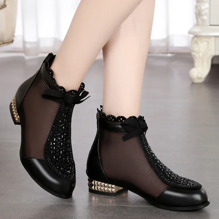 夏季新款网面网靴女粗跟高跟包头凉鞋网纱镂空透气凉靴妈妈鞋