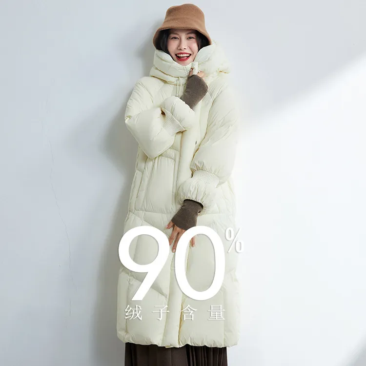 欧品荟连帽中长款防风羽绒服2024冬季新款90白鸭绒加厚保暖外套女