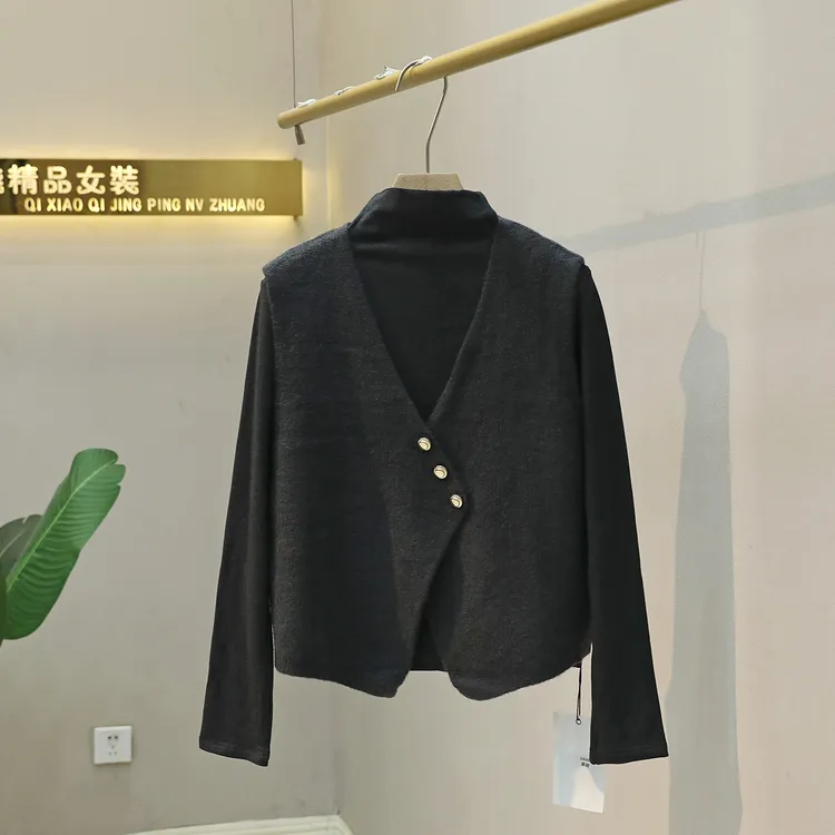 斜排扣针织马甲背心打底衫两件套2025V领马甲堆堆领叠穿上衣套装