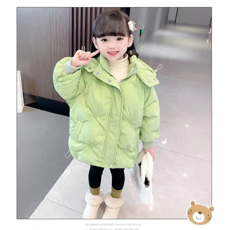 中长款童装休闲风女连帽加绒纯色外套加厚儿童羽绒棉服棉袄女童