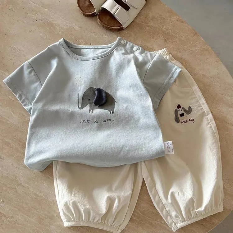 男宝宝夏装套装2025新款男童韩版洋气卡通纯棉短袖T恤裤子两件套