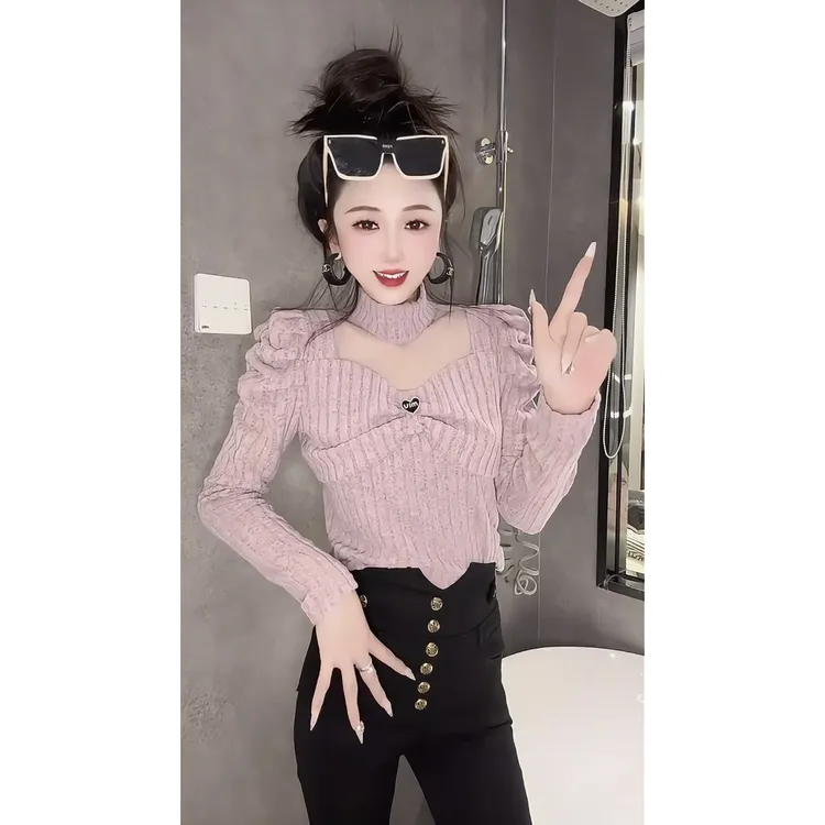 秋冬新款半高领网纱拼接针织衫女气质修身显瘦打底衫内搭长袖上衣
