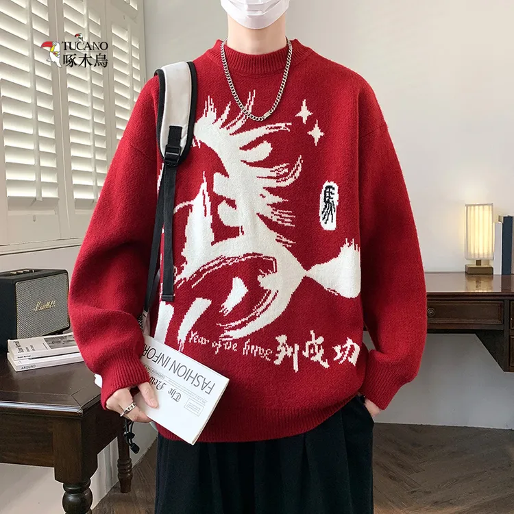 啄木鸟红色毛衣男冬季2025新款马年本命年衣服青少年加厚保暖男士