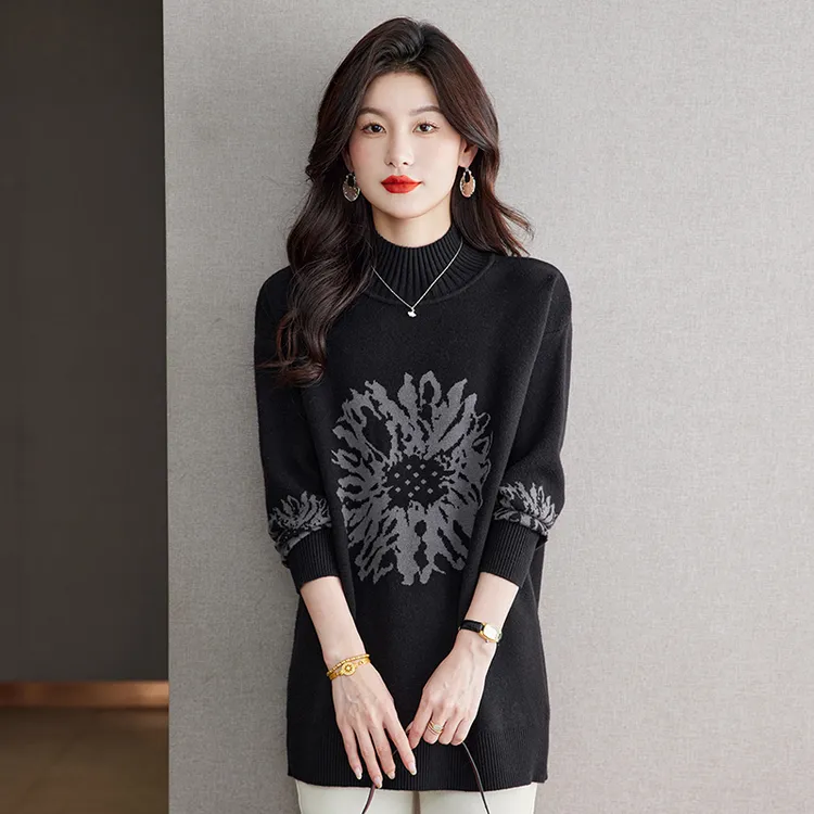 品牌大码女装秋冬新打底衫女中长款宽松显瘦毛衫洋气高档提花毛衣