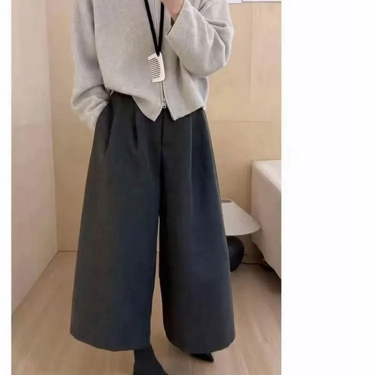 新款阔腿八分裤纯色厚款慵懒风拼接休闲裤女装秋季裤子显瘦1028