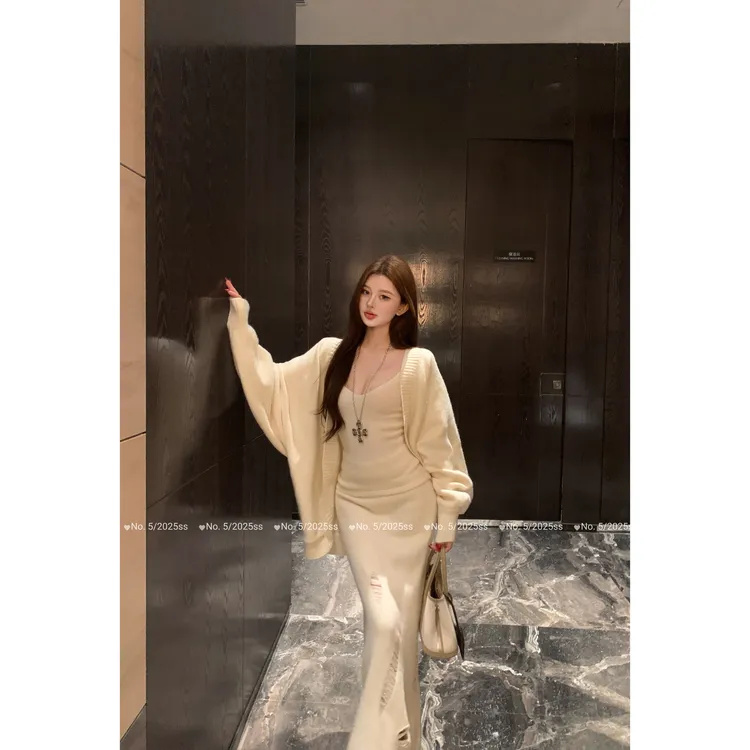 长袖毛衣外套+吊带背心+鱼尾半身裙长裙三件套慵懒休闲套装00531
