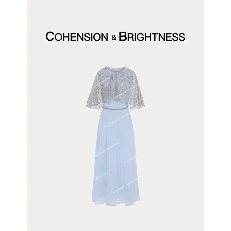 凝慧真的好【蓝椰木槿】春季优雅高定斗篷网纱刺绣蕾丝连衣裙LQ189