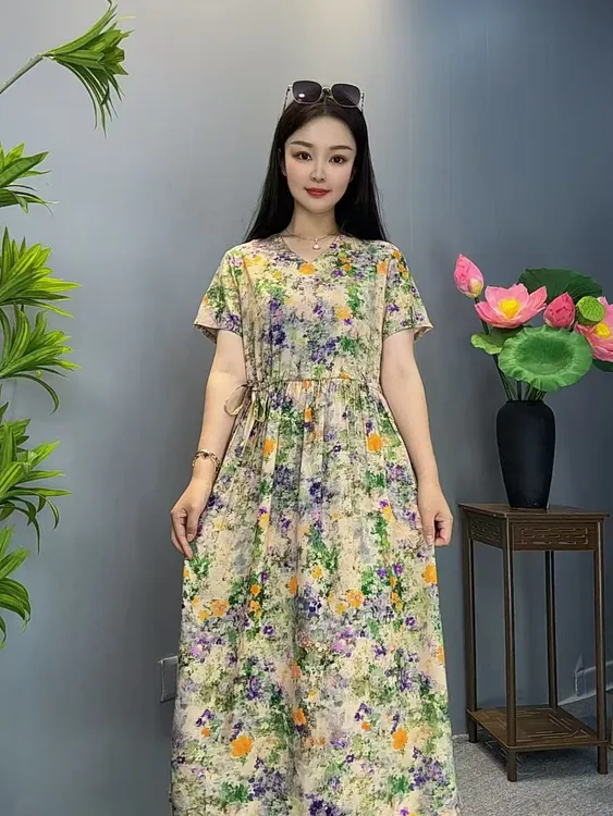 【2025新款】夏季女棉绸连衣裙时尚洋气短袖宽松中长款有口袋