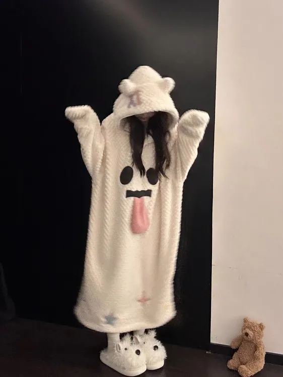 韩版ins可爱卡通法兰绒加绒加厚睡衣女冬季拼接连帽睡袍长袖睡裙