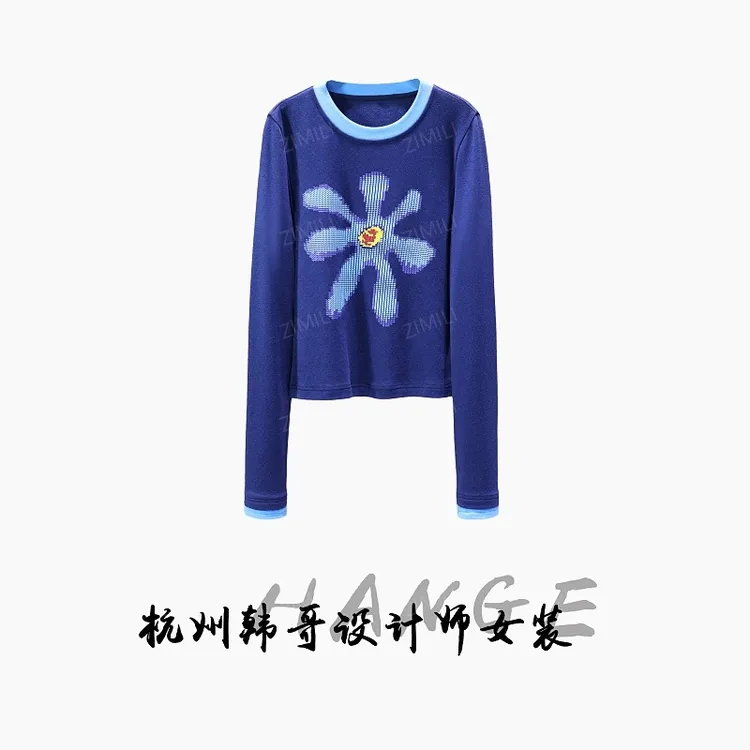 【韩哥女装】2025秋冬《平潭》夜海蓝拼接印花高弹打底上衣6013-A3