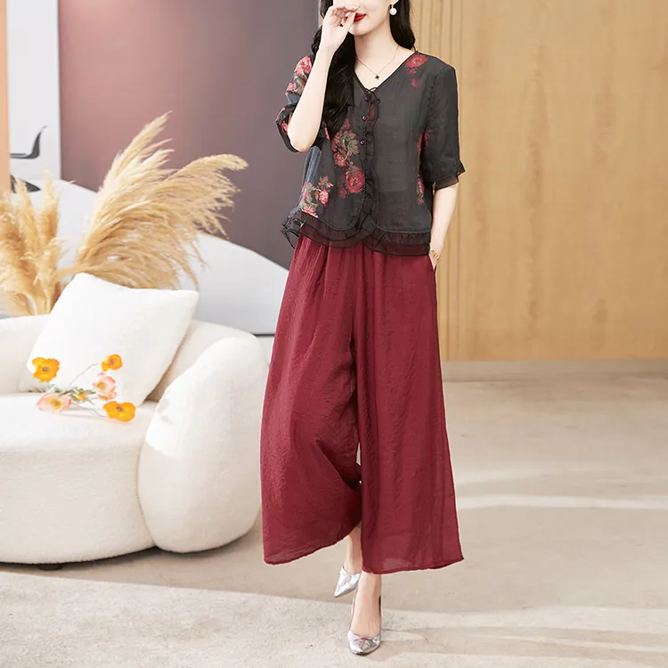 2025新款苎麻印花复古休闲套装宽松V领中长款文艺衬衫+裤裙妈妈装