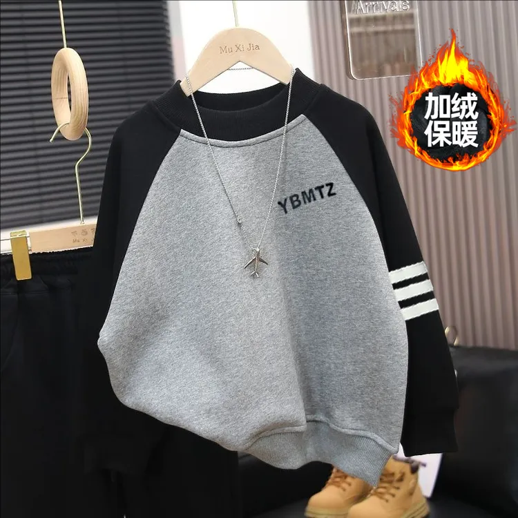 胖男童加绒保暖卫衣秋冬季新款一体绒上衣中大童宽松纯棉加厚绒衫