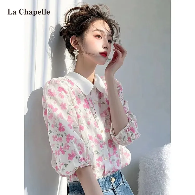 拉夏贝尔粉色印花雪纺衬衫女2025春季高级感轻奢减龄洋气小衫小众