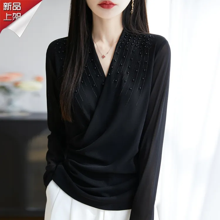 哥弟阿玛施正品新款长袖重工烫钻钉珠洋气上衣秋季法式V领时尚女