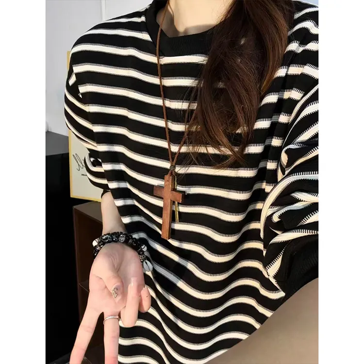 美式新年红条纹加绒卫衣男款秋冬季小领口重磅内搭高级感打底衫