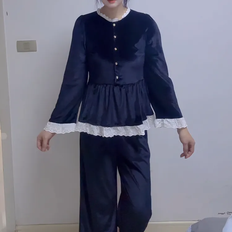 1839爆款睡衣女长袖金钻绒宫廷套头蕾丝花边甜美家居服套装冬